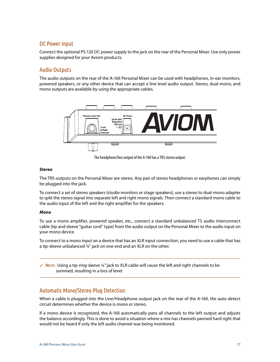 Dc power input, Audio outputs, Automatic mono/stereo plug detection | Aviom A-16II User Manual | Page 25 / 53