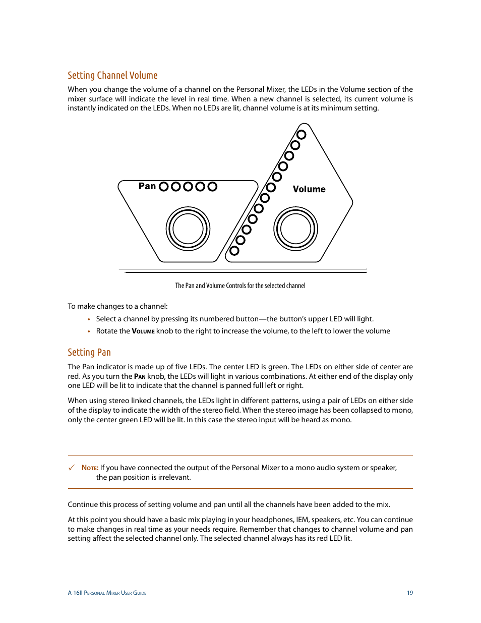 Setting channel volume, Setting pan, Setting channel volume setting pan | Aviom A-16II User Manual | Page 27 / 53