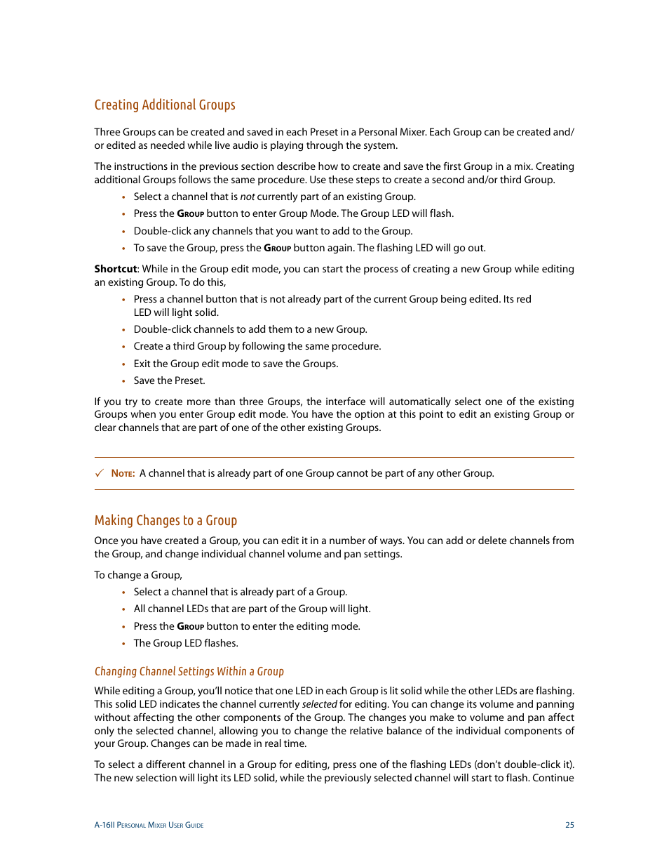 Creating additional groups, Making changes to a group, Changing channel settings within a group | Aviom A-16II User Manual | Page 33 / 53
