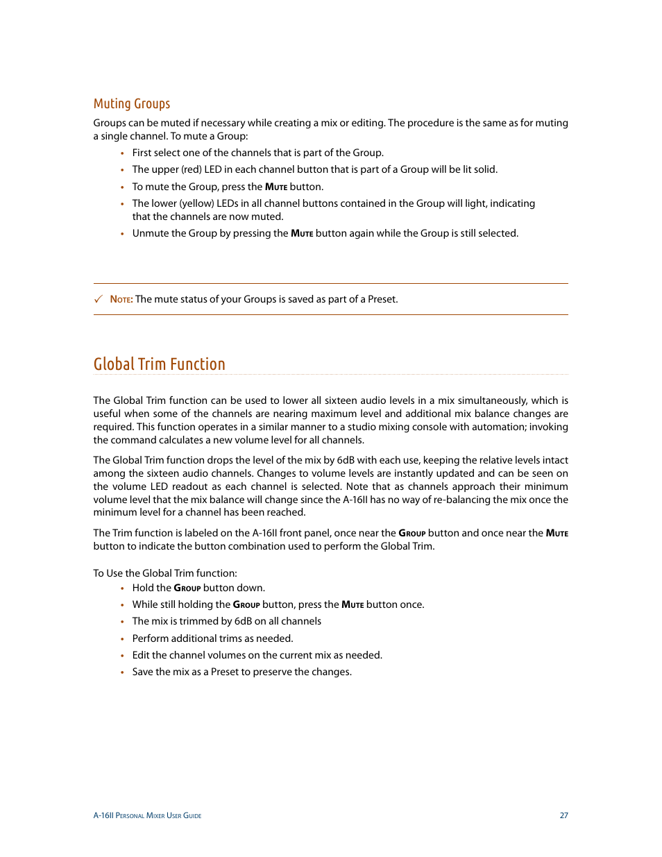 Muting groups, Global trim function | Aviom A-16II User Manual | Page 35 / 53
