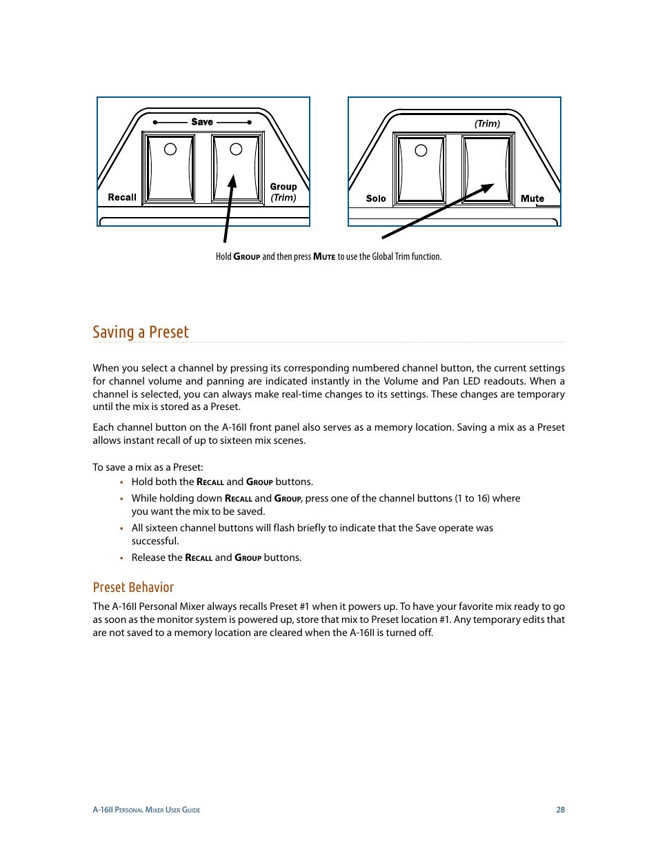 Saving a preset, Preset behavior | Aviom A-16II User Manual | Page 36 / 53