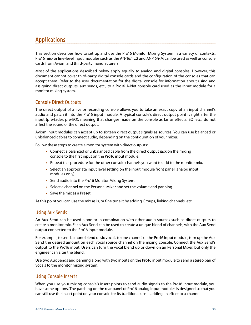 Applications, Console direct outputs, Using aux sends | Using console inserts | Aviom A-16II User Manual | Page 38 / 53