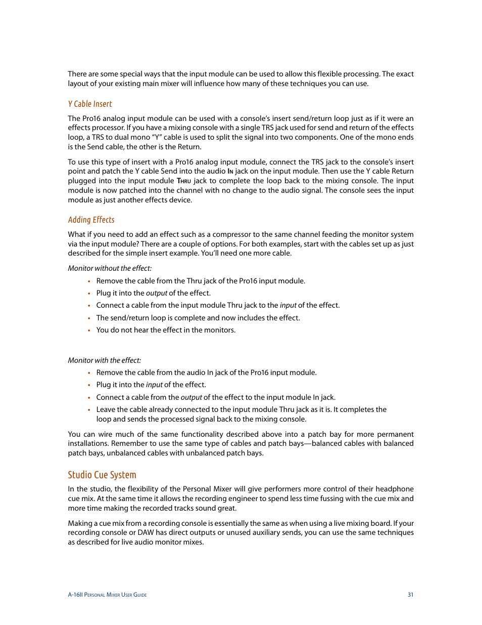Y cable insert, Adding effects, Studio cue system | Y cable insert adding effects | Aviom A-16II User Manual | Page 39 / 53