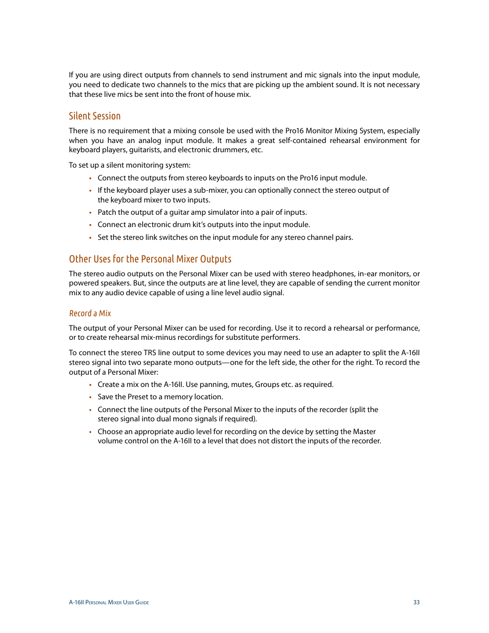 Silent session, Other uses for the personal mixer outputs, Record a mix | Aviom A-16II User Manual | Page 41 / 53