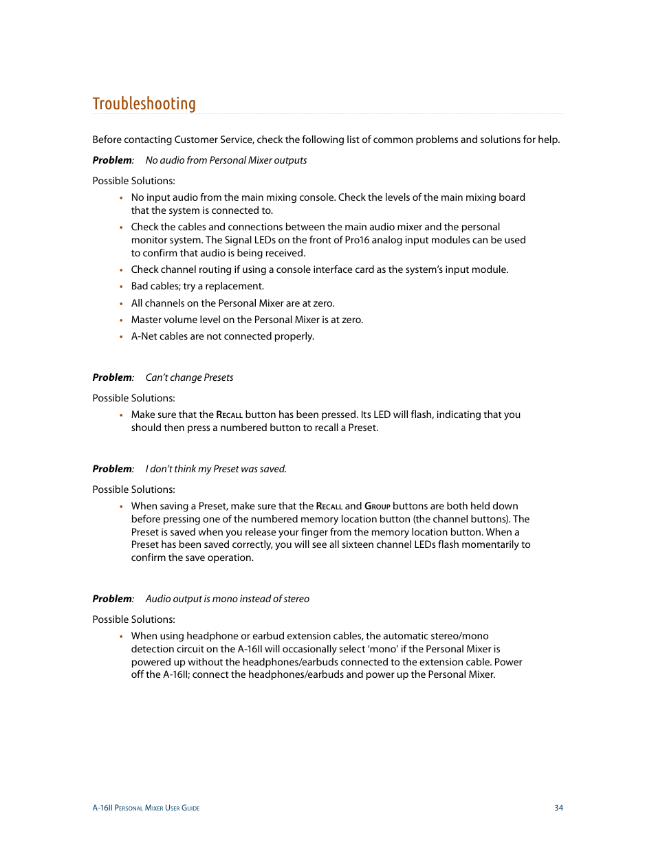 Troubleshooting | Aviom A-16II User Manual | Page 42 / 53