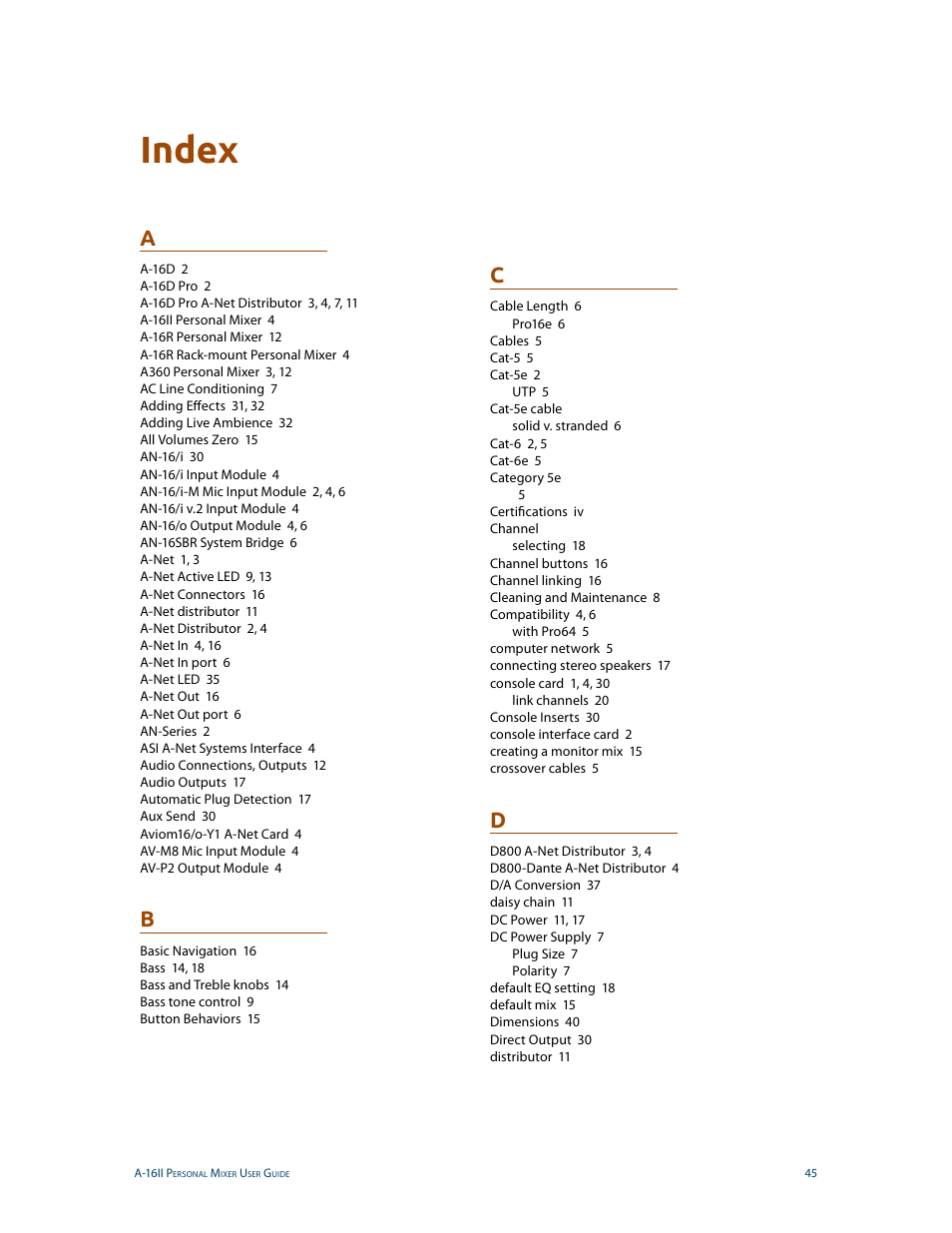 Index | Aviom A-16II User Manual | Page 49 / 53