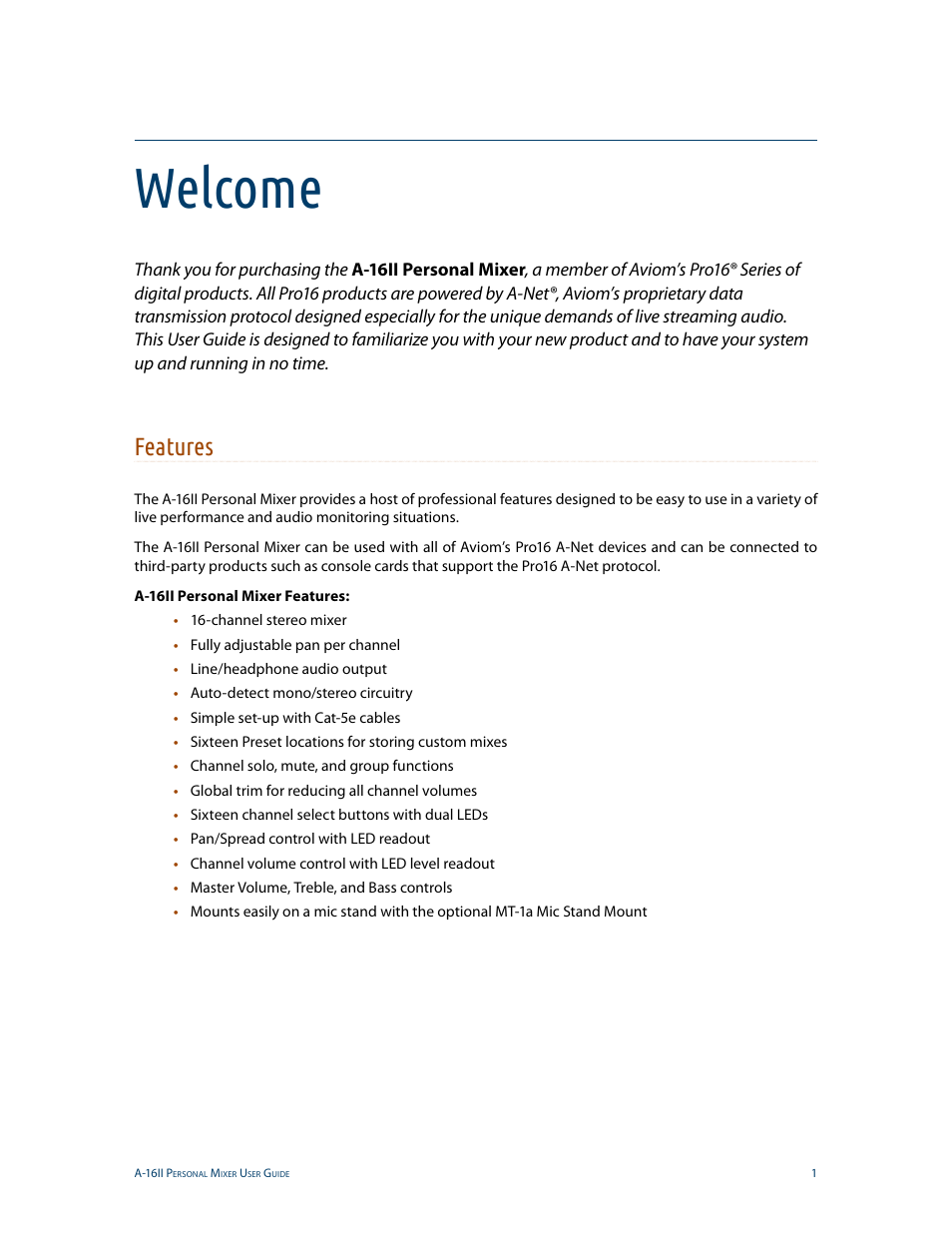 Welcome, Features | Aviom A-16II User Manual | Page 9 / 53