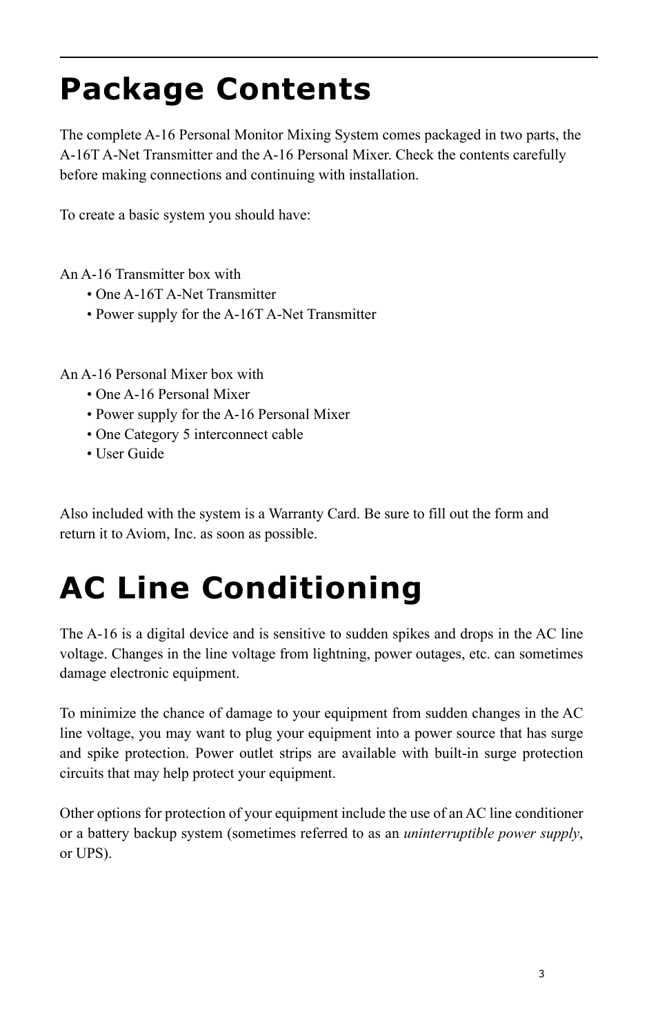 Package contents, Ac line conditioning | Aviom A-16 User Manual | Page 11 / 63