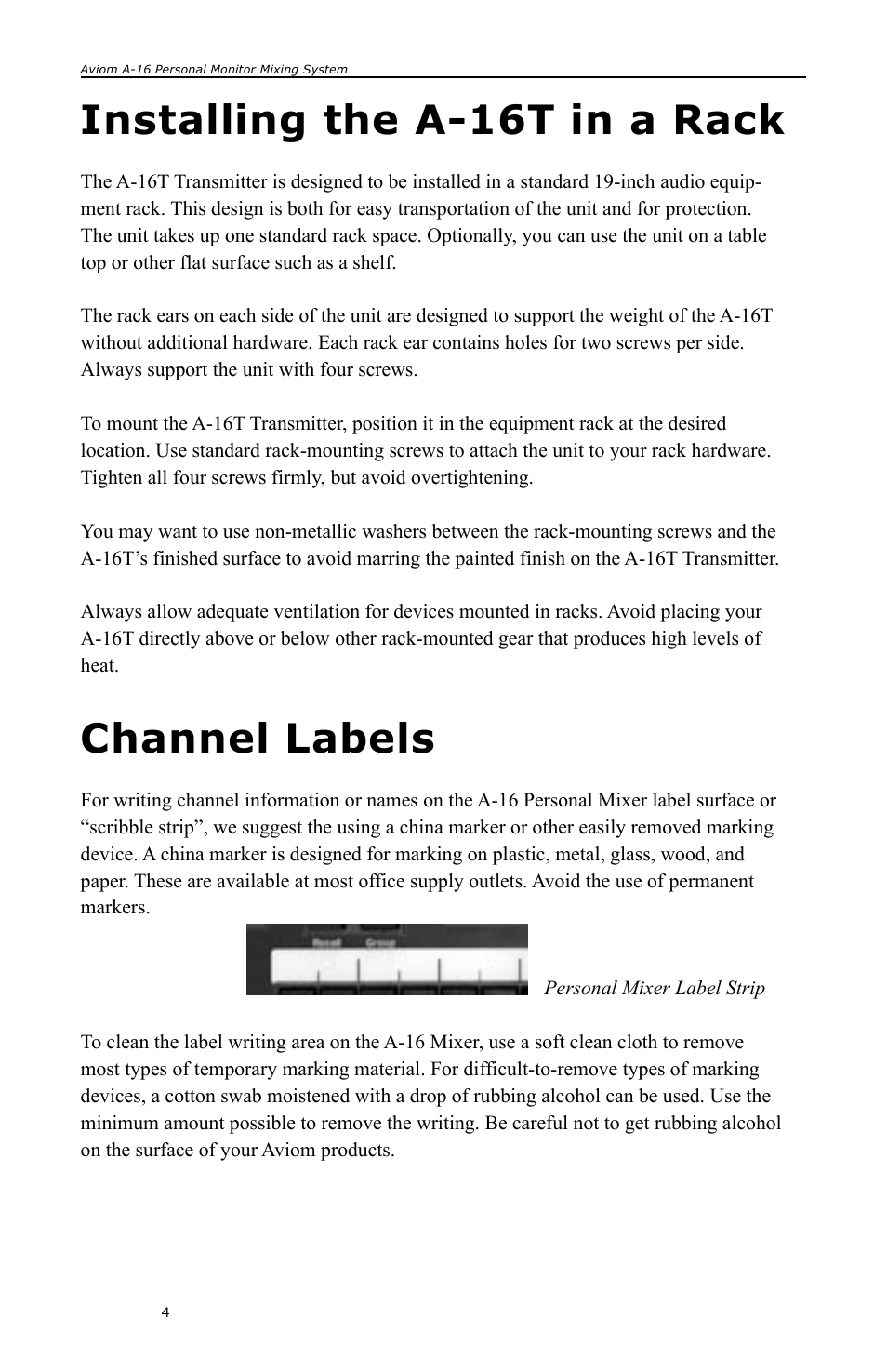 Installing the a-16t in a rack, Channel labels | Aviom A-16 User Manual | Page 12 / 63