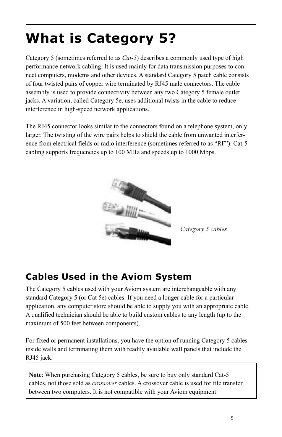 What is category 5, Cables used in the aviom system | Aviom A-16 User Manual | Page 13 / 63