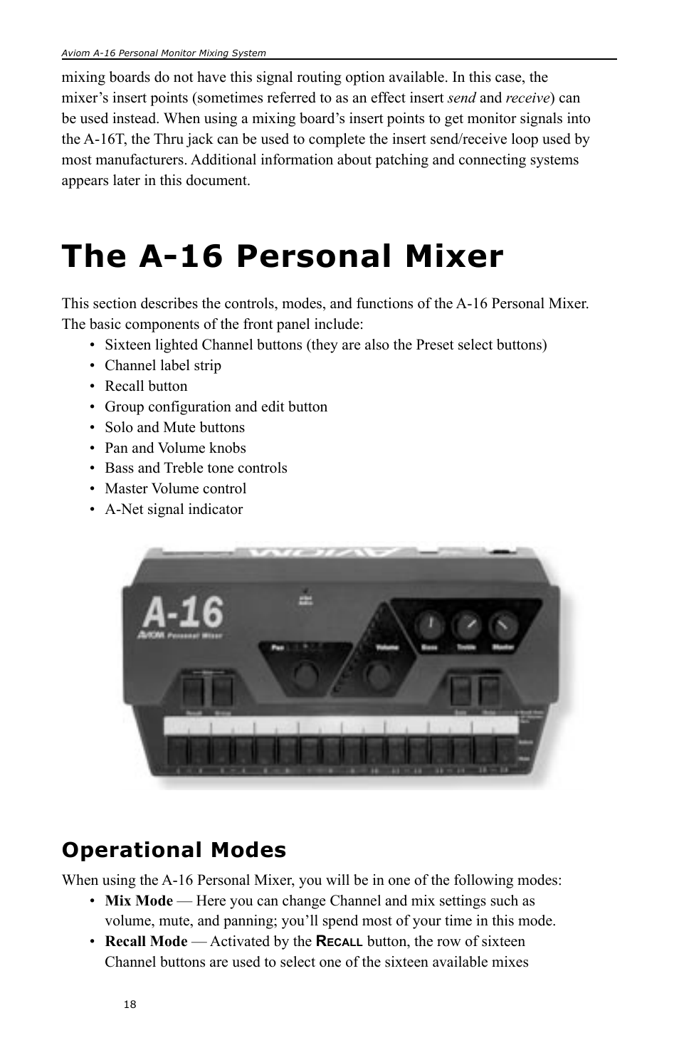 The a-16 personal mixer, Operational modes | Aviom A-16 User Manual | Page 26 / 63