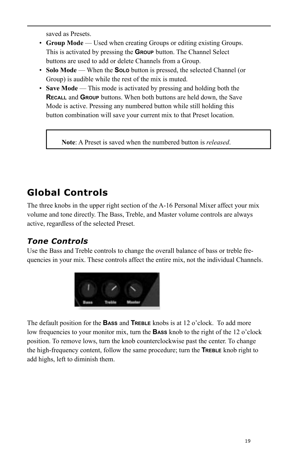 Global controls, Tone controls | Aviom A-16 User Manual | Page 27 / 63