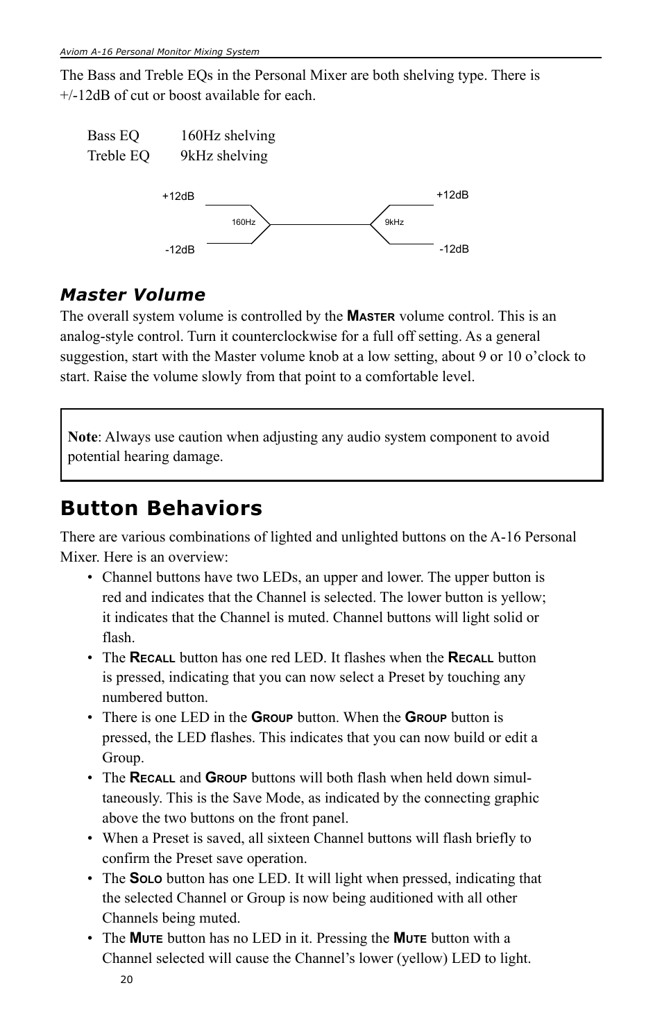 Master volume, Button behaviors | Aviom A-16 User Manual | Page 28 / 63