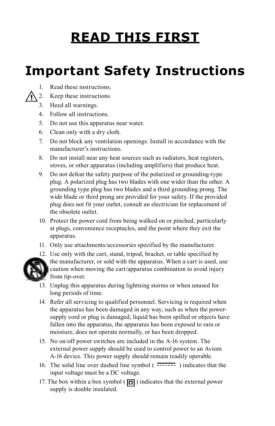 Read this first important safety instructions | Aviom A-16 User Manual | Page 3 / 63