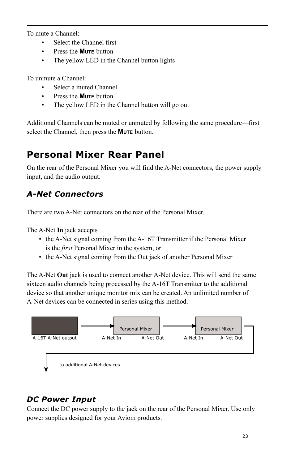 Personal mixer rear panel, A-net connectors, Dc power input | Aviom A-16 User Manual | Page 31 / 63