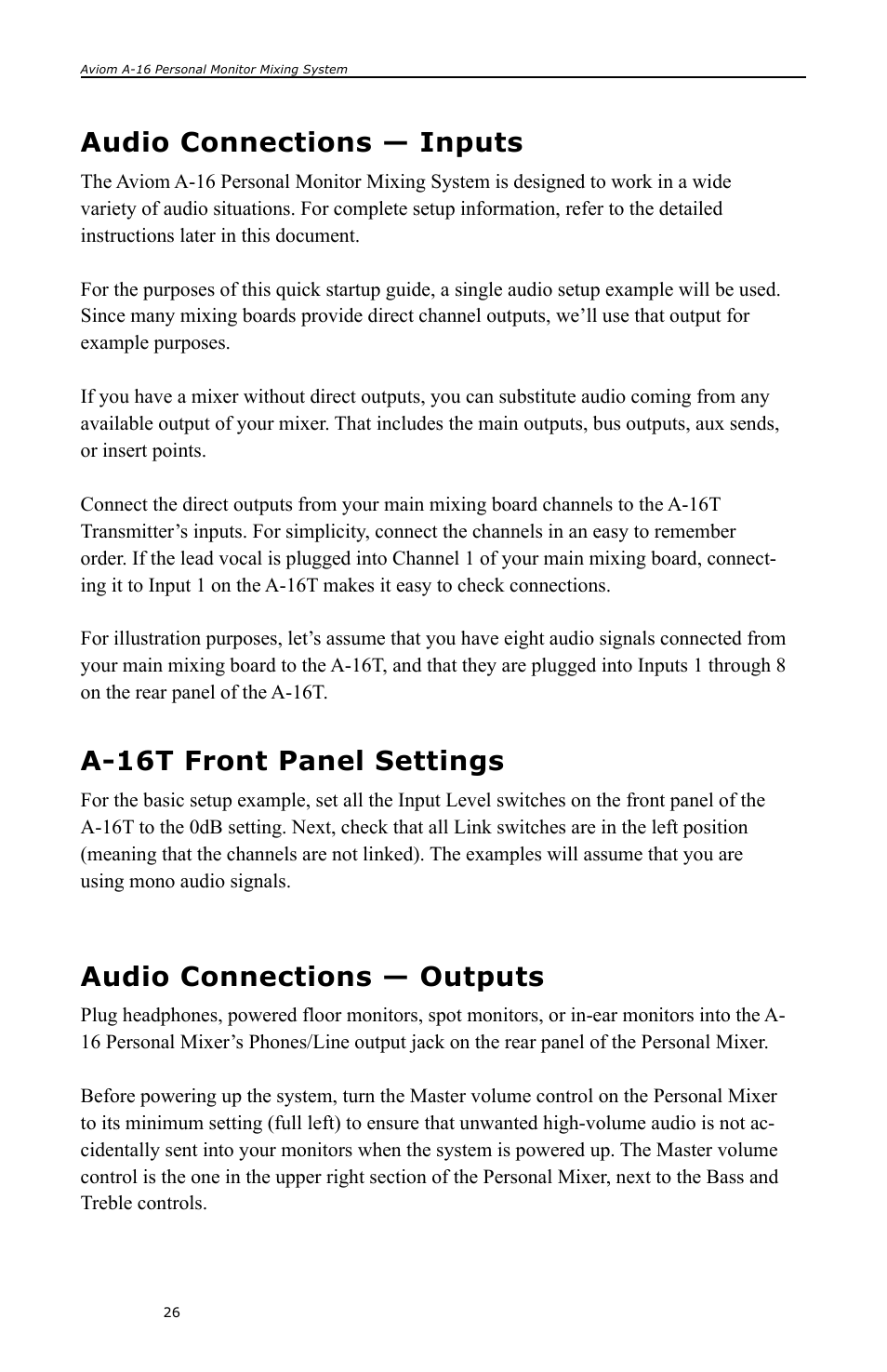 Audio connections — inputs, A-16t front panel settings, Audio connections — outputs | Aviom A-16 User Manual | Page 34 / 63