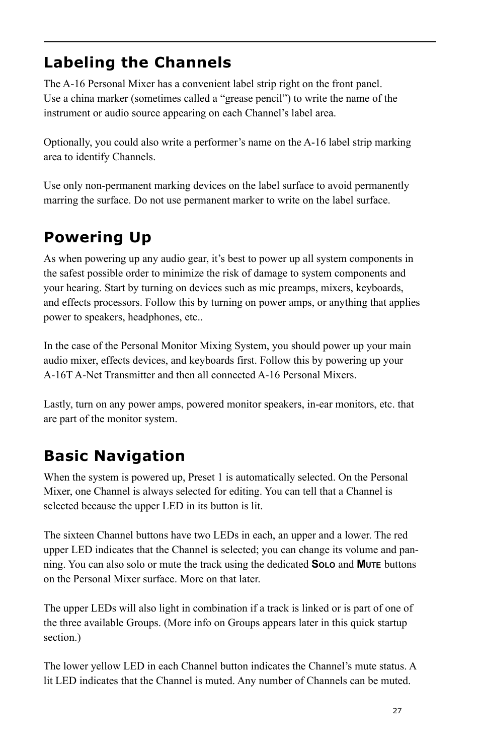 Labeling the channels, Powering up, Basic navigation | Aviom A-16 User Manual | Page 35 / 63