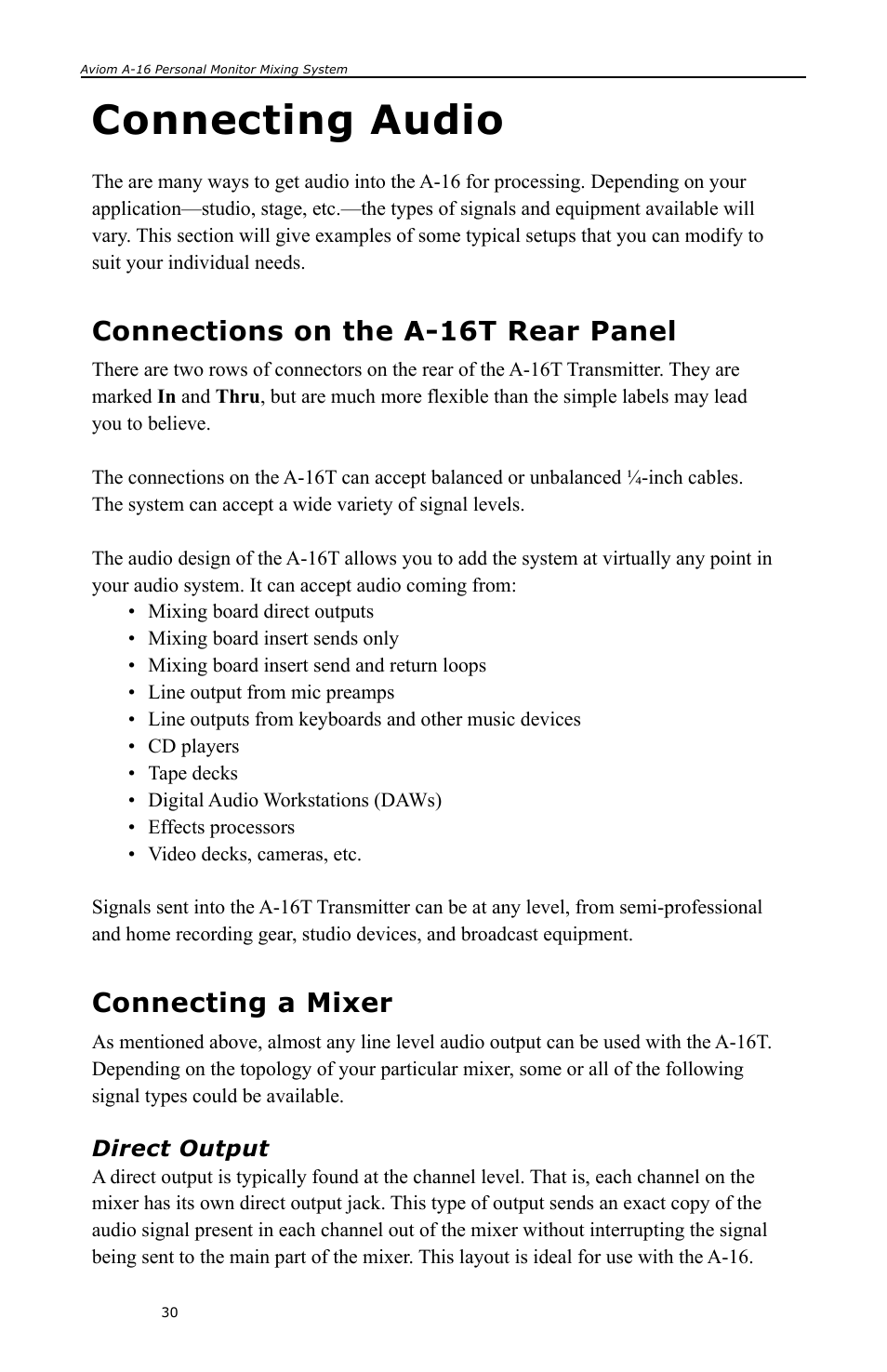 Connecting audio, Connections on the a-16t rear panel, Connecting a mixer | Direct output | Aviom A-16 User Manual | Page 38 / 63