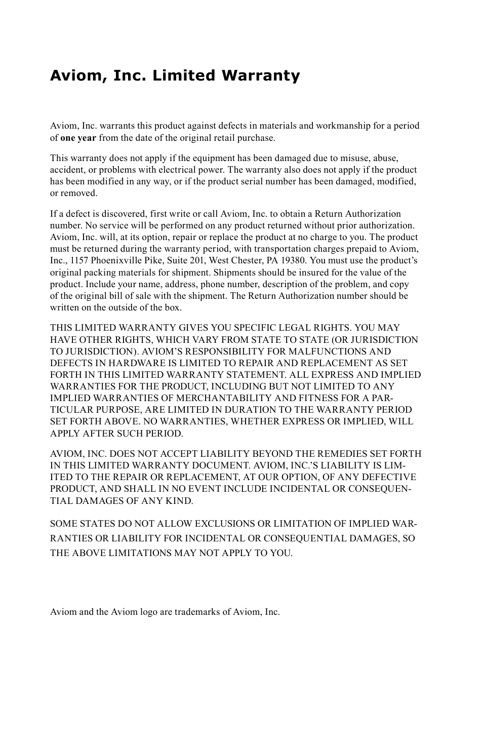 Aviom, inc. limited warranty | Aviom A-16 User Manual | Page 4 / 63