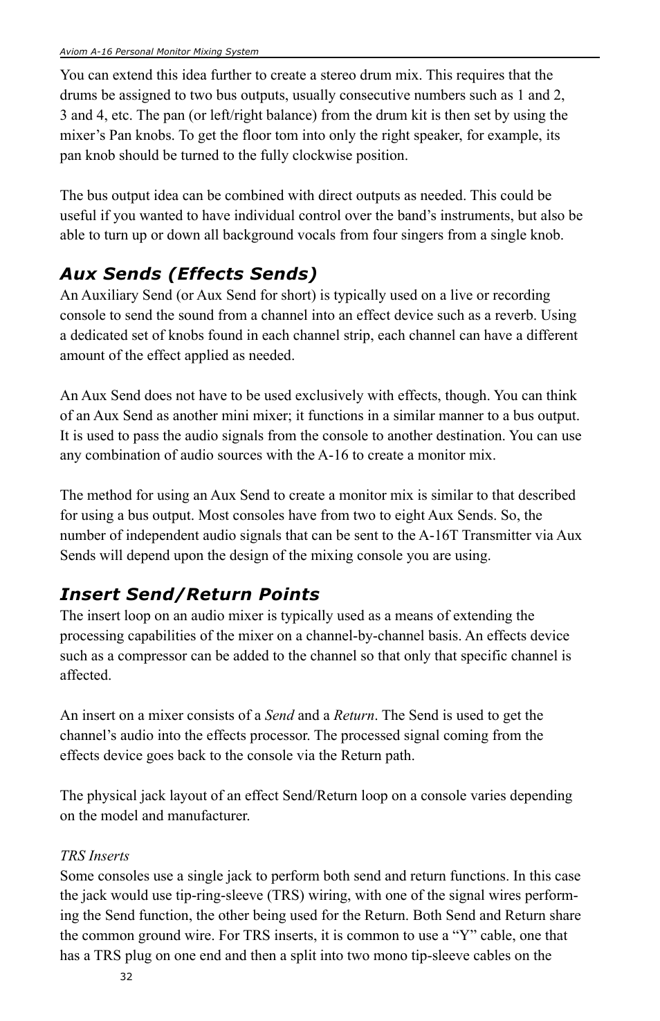 Aux sends (effects sends), Insert send/return points | Aviom A-16 User Manual | Page 40 / 63