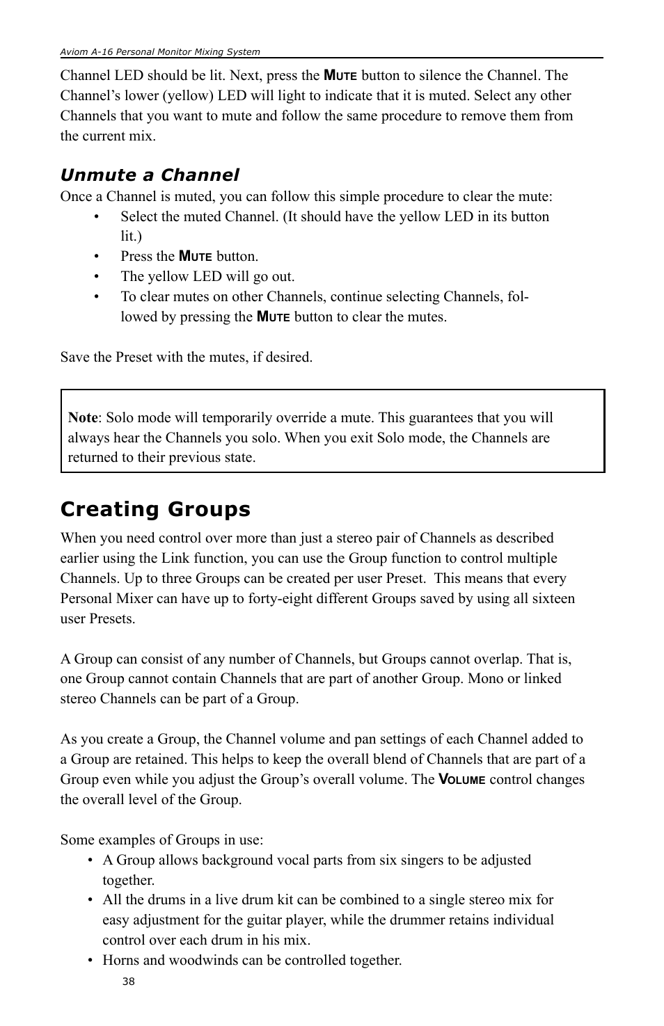 Unmute a channel, Creating groups | Aviom A-16 User Manual | Page 46 / 63