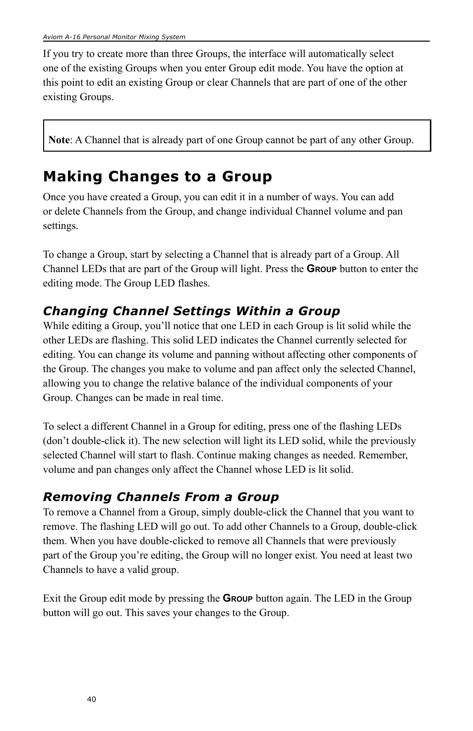 Making changes to a group, Changing channel settings within a group, Removing channels from a group | Aviom A-16 User Manual | Page 48 / 63