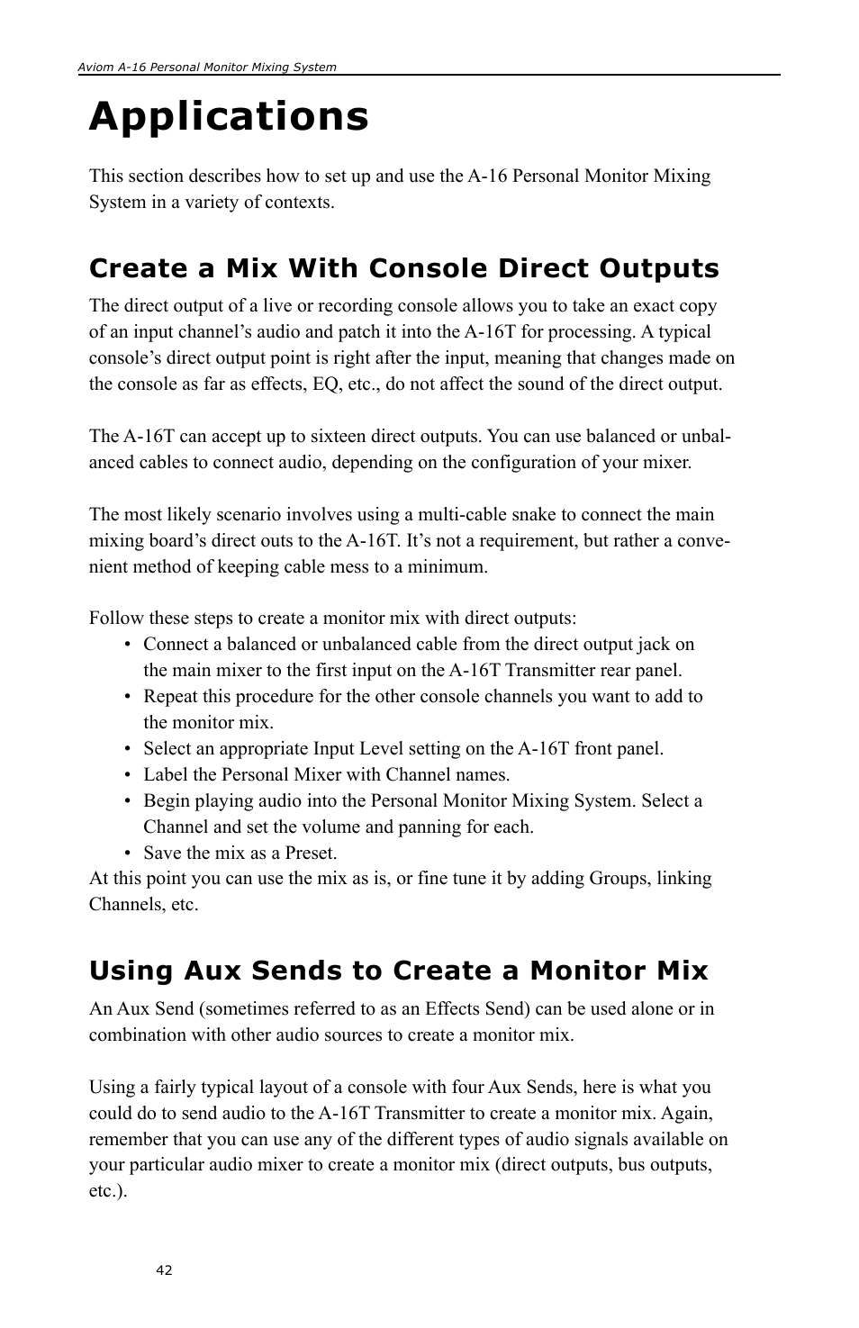 Applications, Create a mix with console direct outputs, Using aux sends to create a monitor mix | Aviom A-16 User Manual | Page 50 / 63