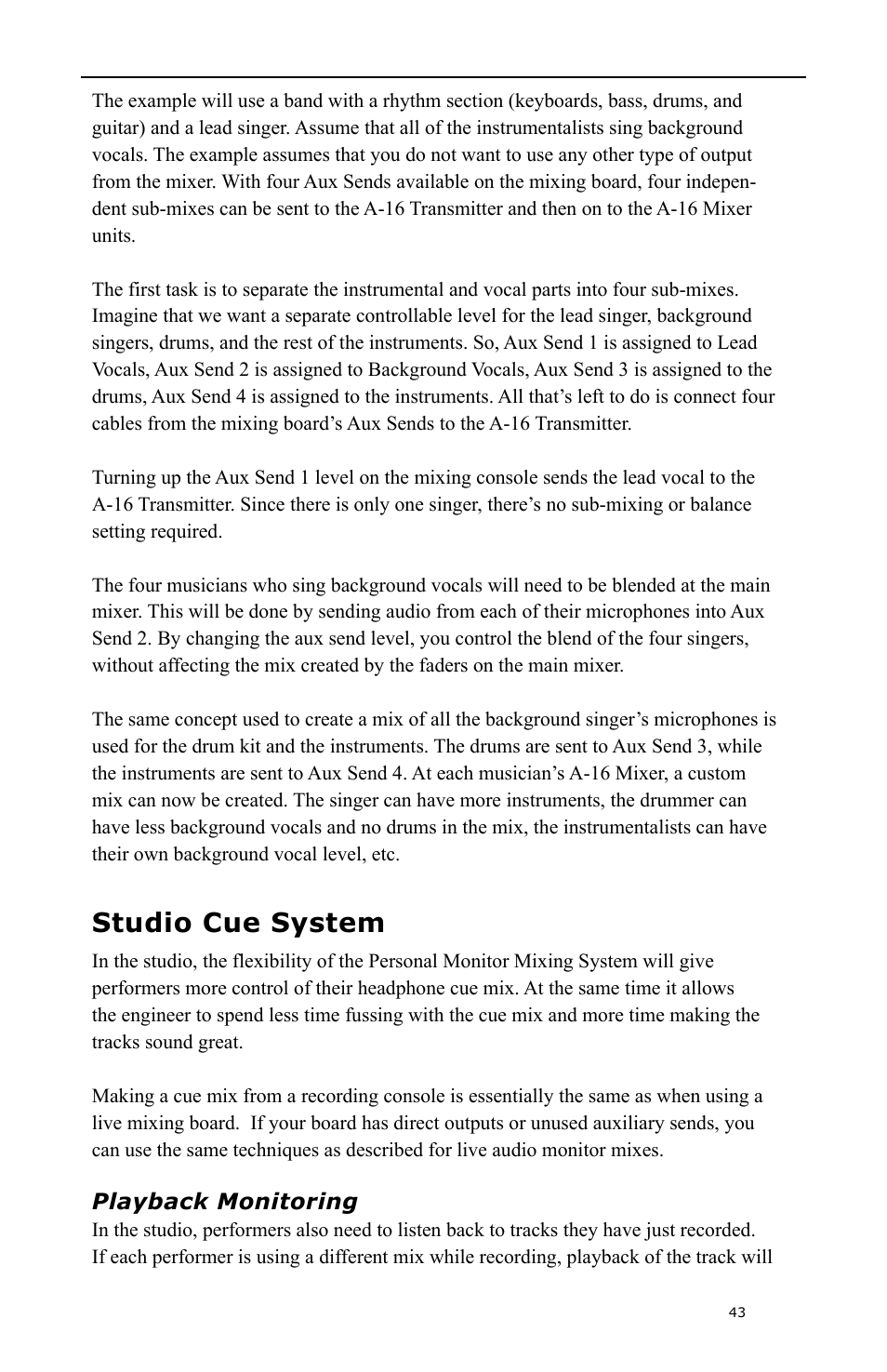 Studio cue system, Playback monitoring | Aviom A-16 User Manual | Page 51 / 63