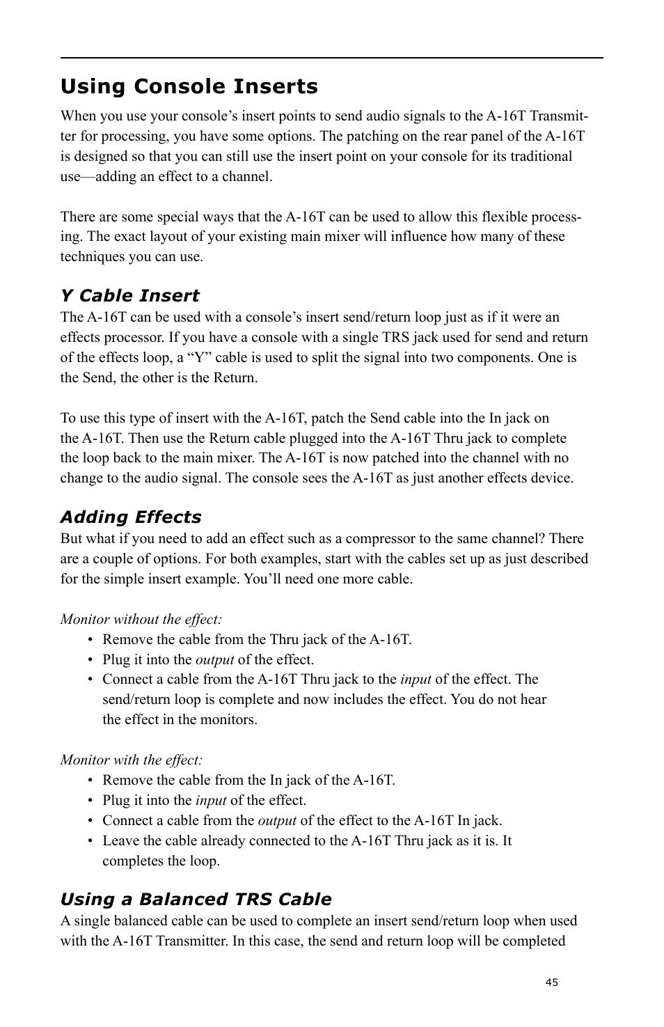 Using console inserts, Y cable insert, Adding effects | Using a balanced trs cable | Aviom A-16 User Manual | Page 53 / 63