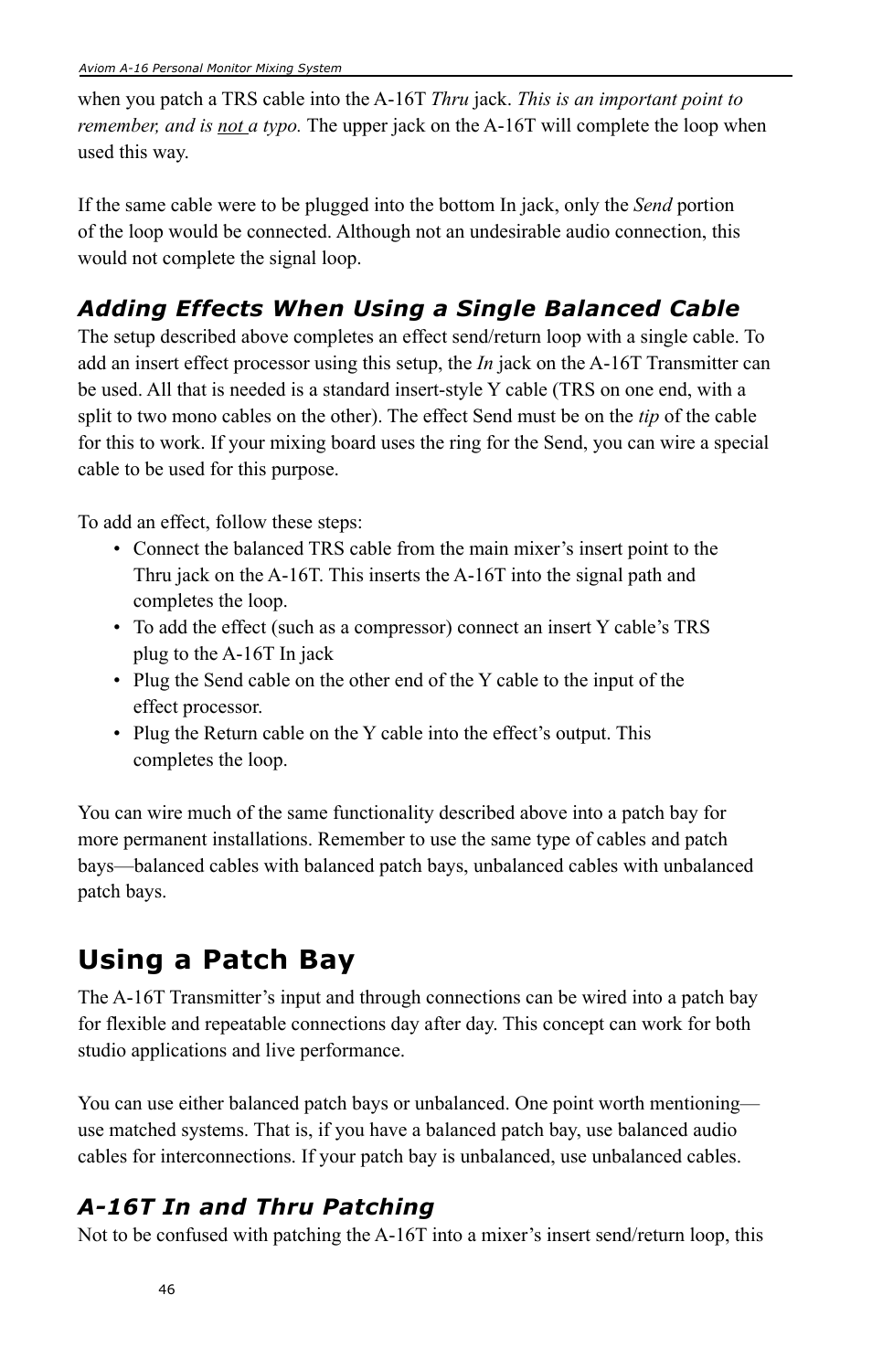 Adding effects when using a single balanced cable, Using a patch bay, A-16t in and thru patching | Aviom A-16 User Manual | Page 54 / 63