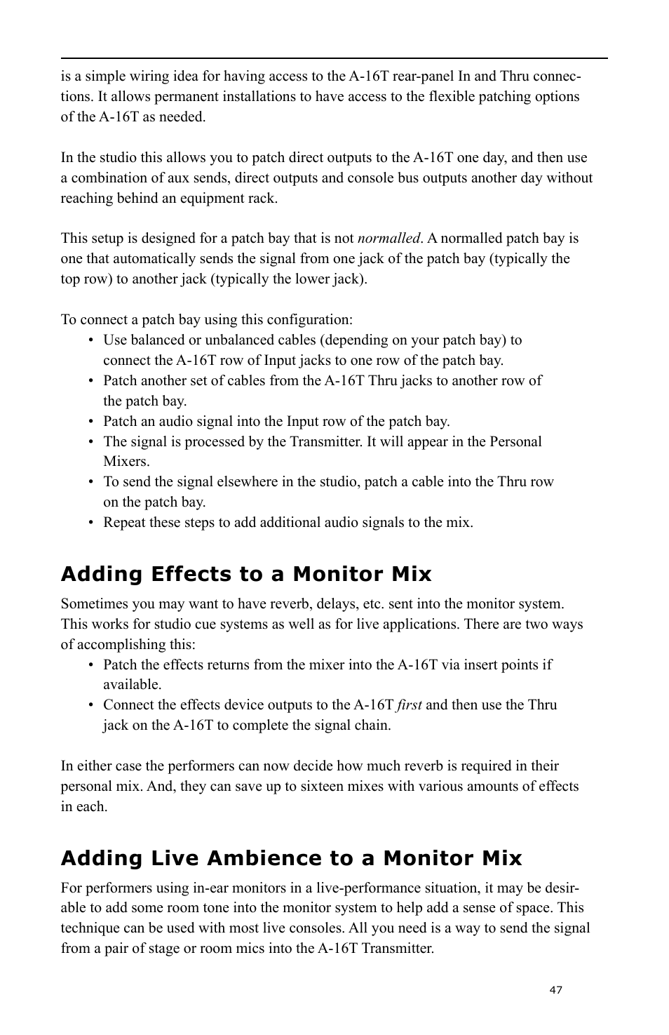Adding effects to a monitor mix, Adding live ambience to a monitor mix | Aviom A-16 User Manual | Page 55 / 63