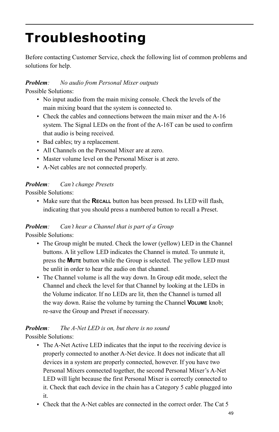 Troubleshooting | Aviom A-16 User Manual | Page 57 / 63