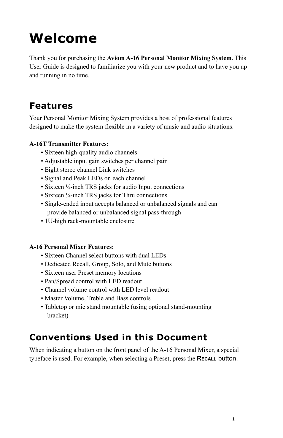 Welcome, Features, Conventions used in this document | Aviom A-16 User Manual | Page 9 / 63