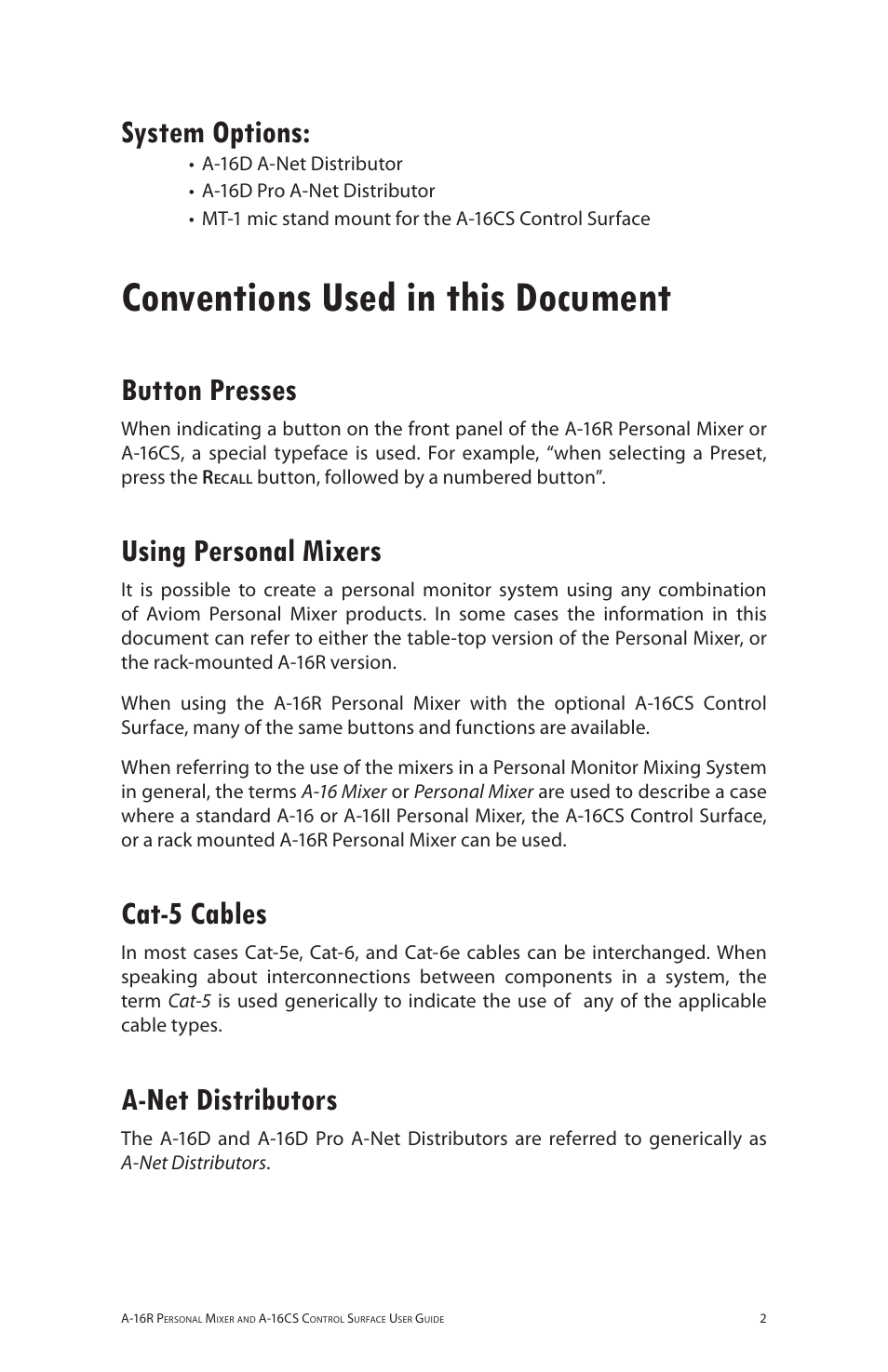 System options, Conventions used in this document, Button presses | Using personal mixers, Cat-5 cables, A-net distributors | Aviom A-16R/A-16CS User Manual | Page 11 / 98