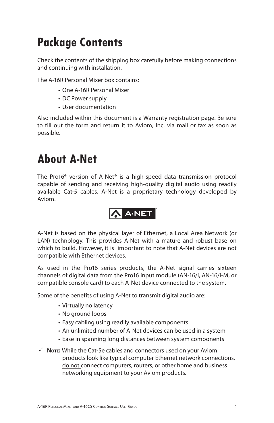 Package contents, About a-net, Package contents about a-net | Aviom A-16R/A-16CS User Manual | Page 13 / 98