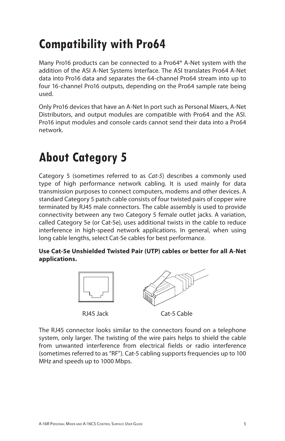 Compatibility with pro64, About category 5, Compatibility with pro64 about category 5 | Aviom A-16R/A-16CS User Manual | Page 14 / 98