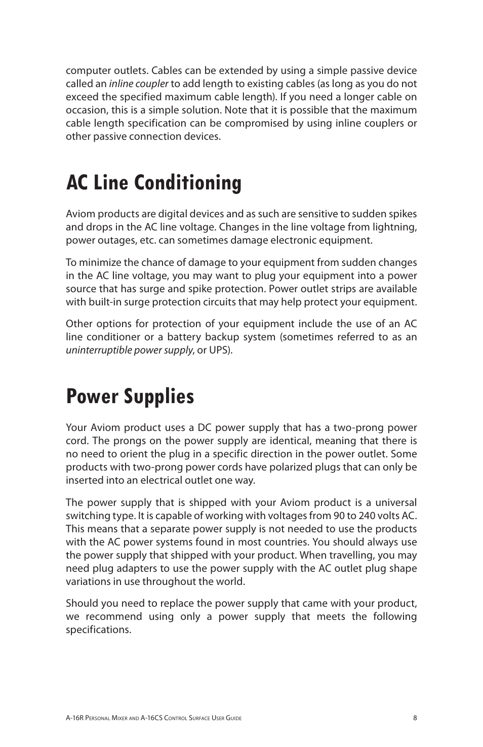 Ac line conditioning, Power supplies, Ac line conditioning power supplies | Aviom A-16R/A-16CS User Manual | Page 17 / 98