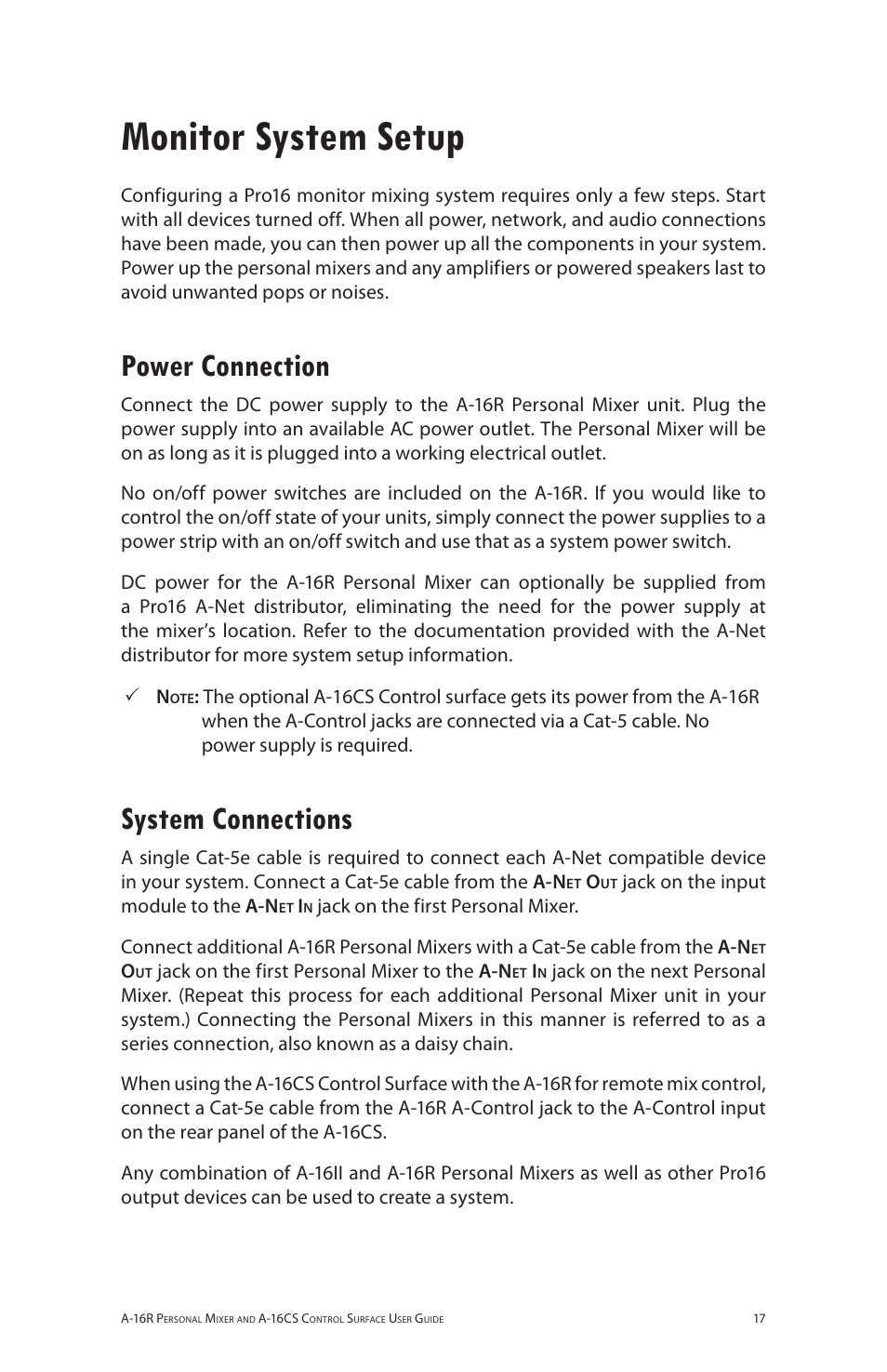 Monitor system setup, Power connection, System connections | Power connection system connections | Aviom A-16R/A-16CS User Manual | Page 26 / 98