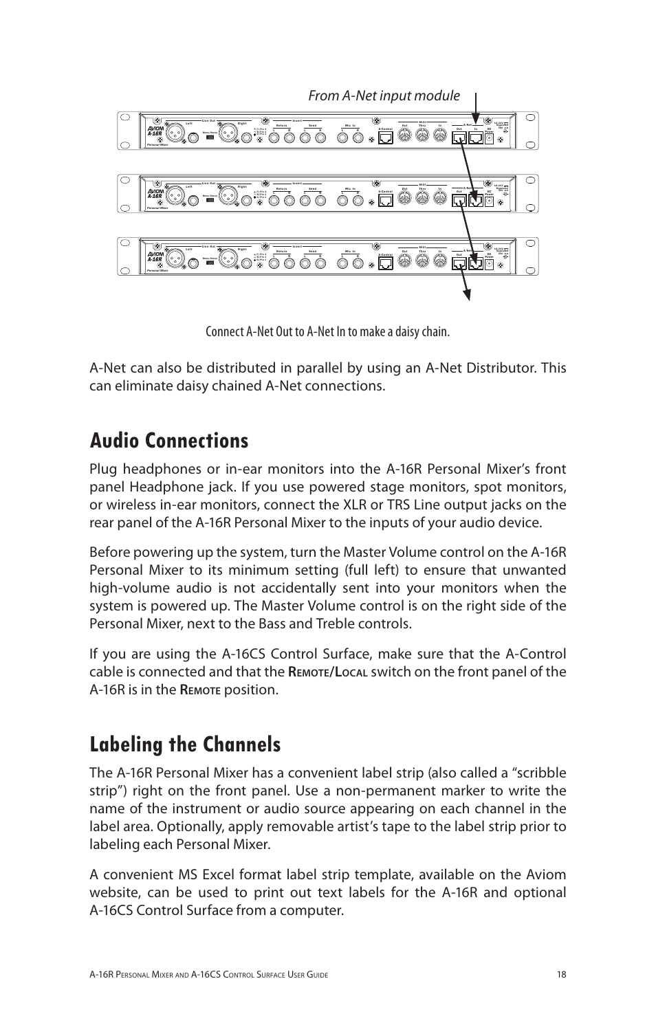 Audio connections, Labeling the channels, Audio connections labeling the channels | Switch on the front panel of the a‑16r is in the r, Position, Emote, Ocal, 18 a-16r p, A-16cs c | Aviom A-16R/A-16CS User Manual | Page 27 / 98