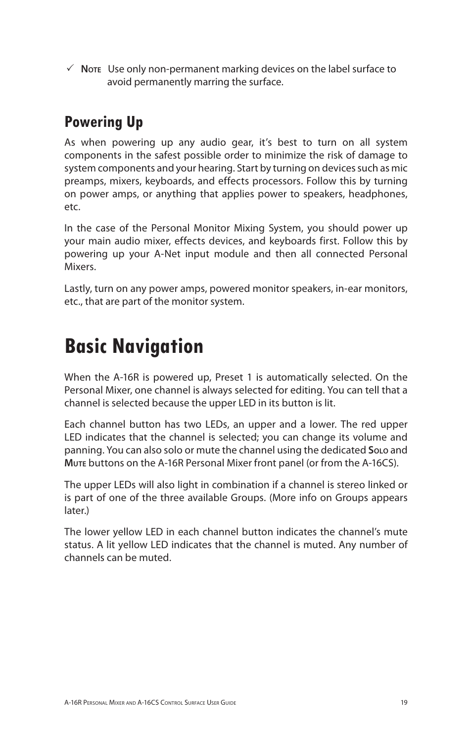 Powering up, Basic navigation | Aviom A-16R/A-16CS User Manual | Page 28 / 98