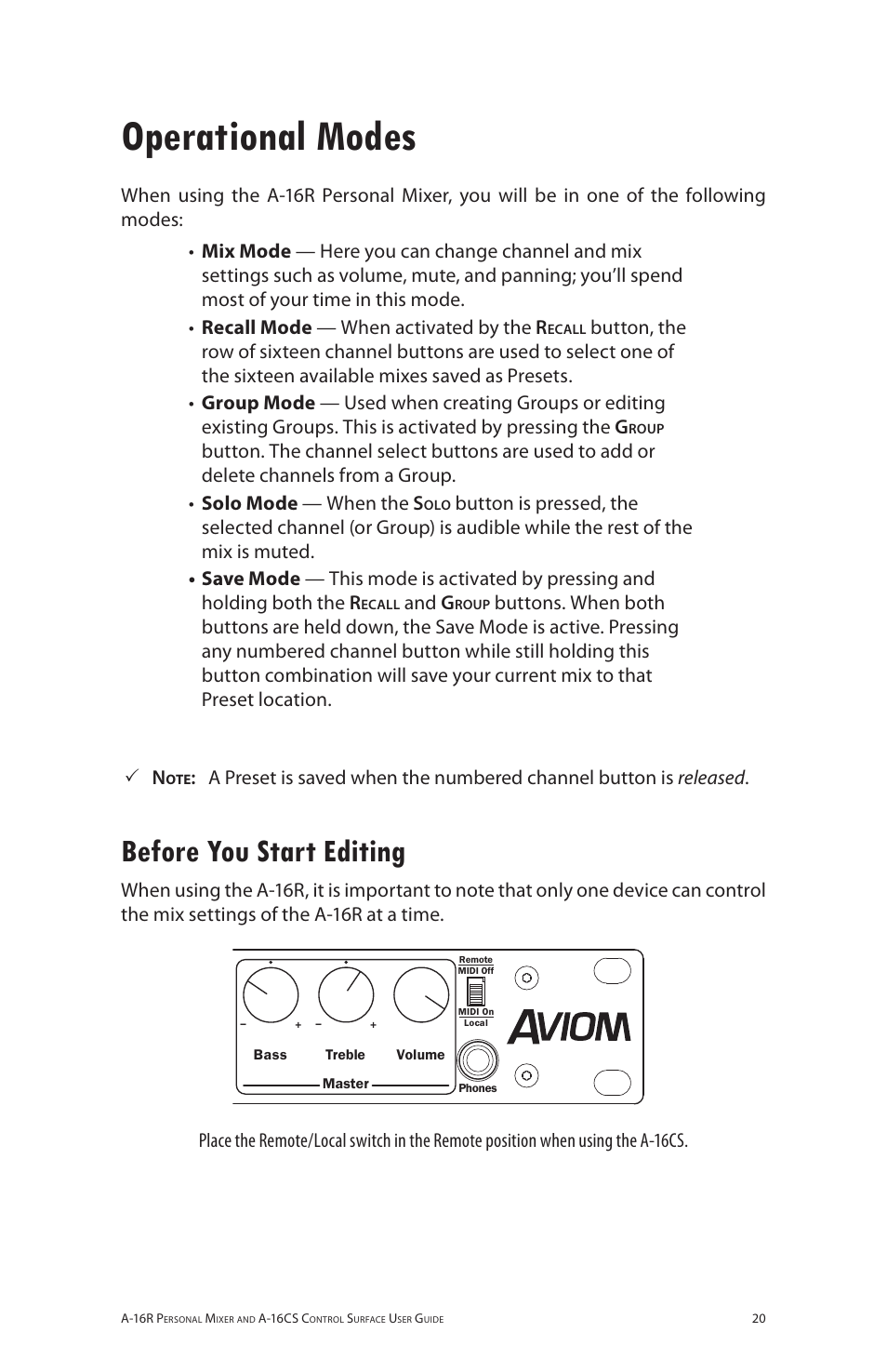 Operational modes, Before you start editing, Aa 6rr | And g | Aviom A-16R/A-16CS User Manual | Page 29 / 98