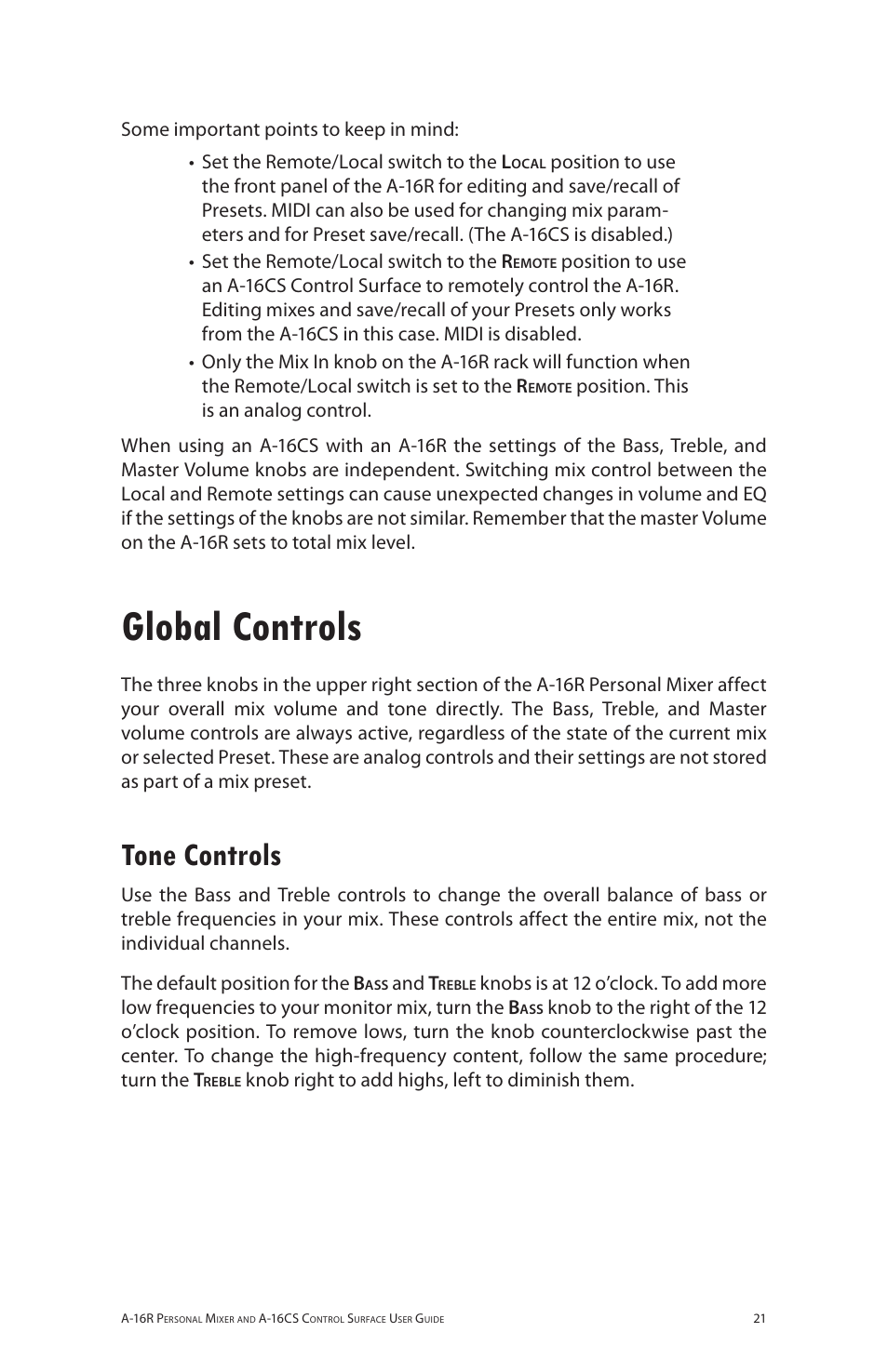 Global controls, Tone controls | Aviom A-16R/A-16CS User Manual | Page 30 / 98