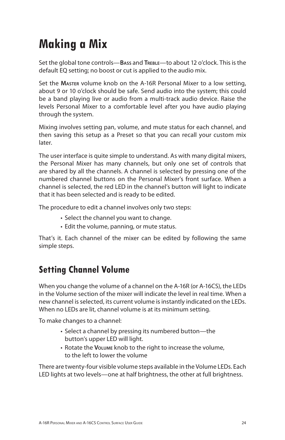 Making a mix, Setting channel volume | Aviom A-16R/A-16CS User Manual | Page 33 / 98