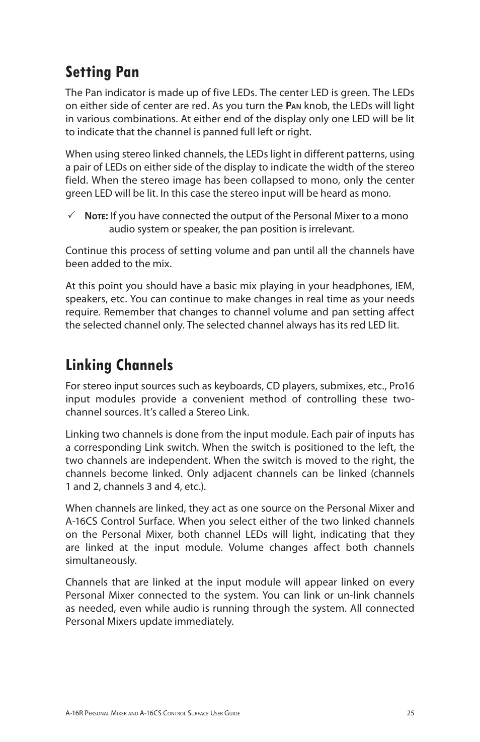 Setting pan, Linking channels, Setting pan linking channels | Aviom A-16R/A-16CS User Manual | Page 34 / 98