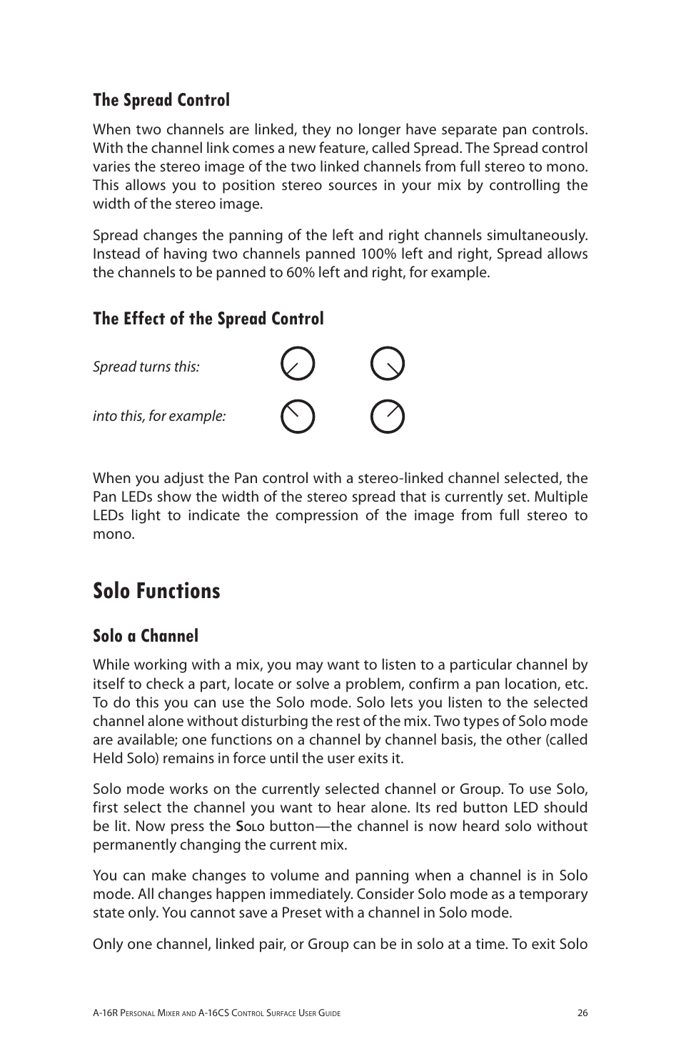 The spread control, The effect of the spread control, Solo functions | Solo a channel | Aviom A-16R/A-16CS User Manual | Page 35 / 98