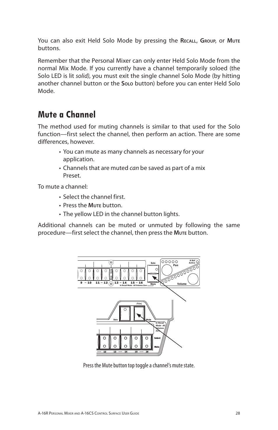 Mute a channel, Aa 6rr, You can also exit held solo mode by pressing the r | Or m, Button) before you can enter held solo mode, Button | Aviom A-16R/A-16CS User Manual | Page 37 / 98