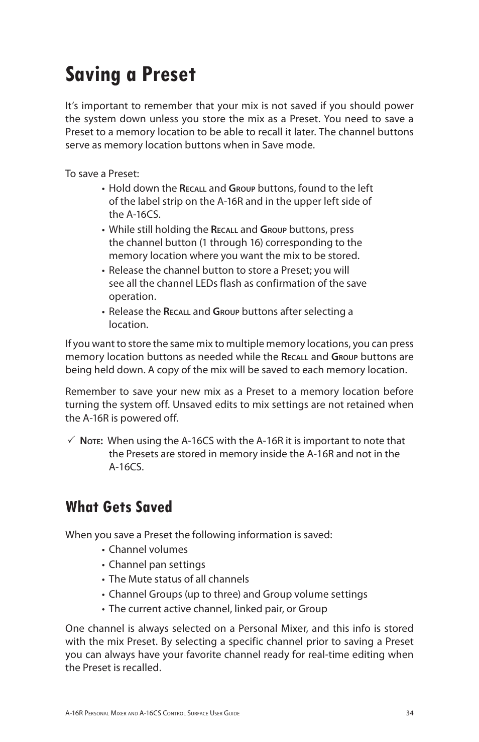 Saving a preset, What gets saved | Aviom A-16R/A-16CS User Manual | Page 43 / 98