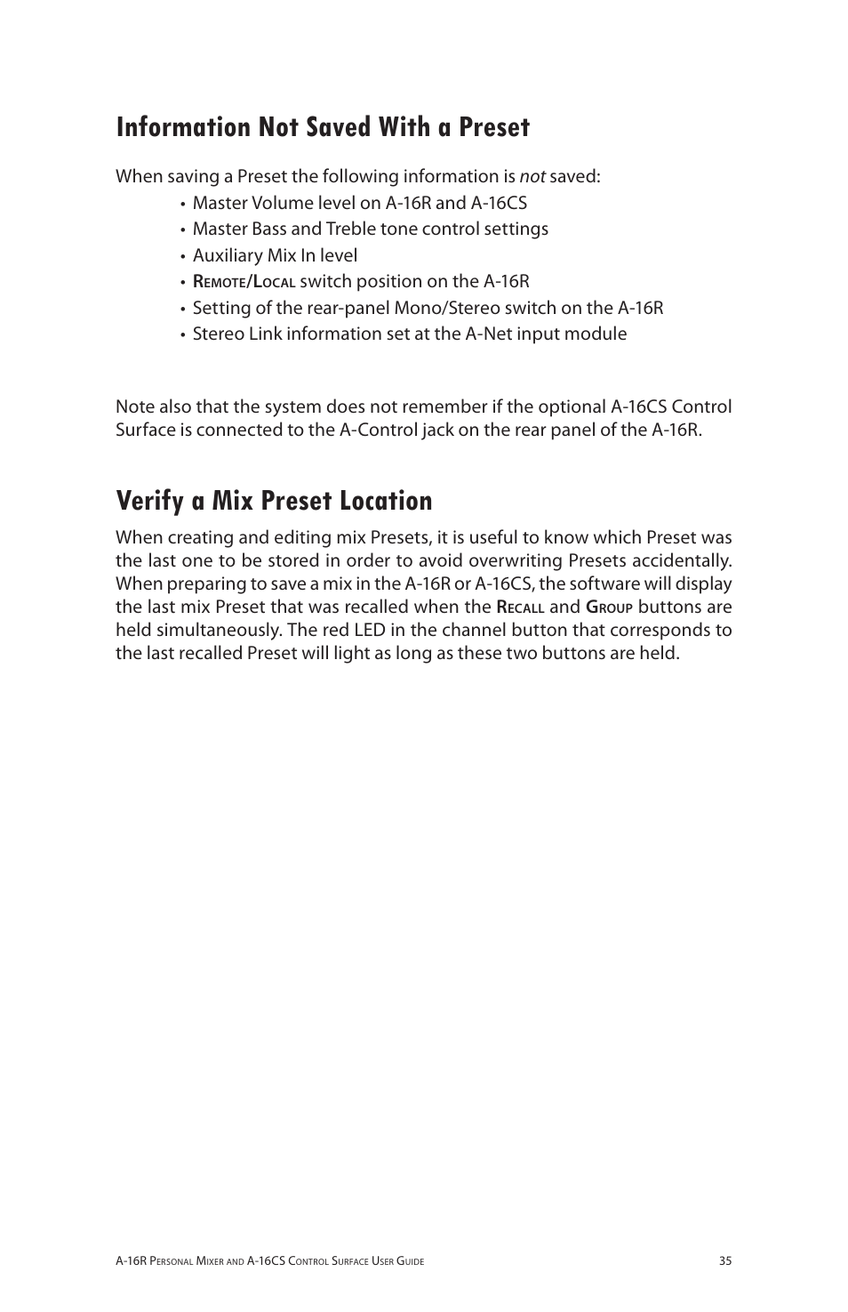 Information not saved with a preset, Verify a mix preset location | Aviom A-16R/A-16CS User Manual | Page 44 / 98