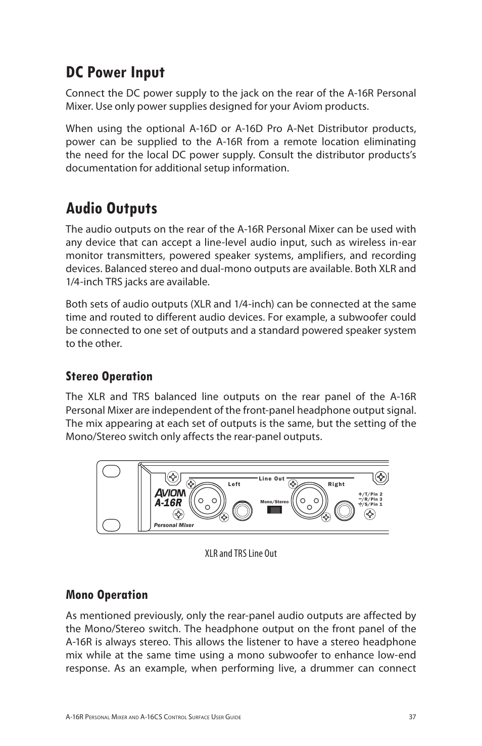 Dc power input, Audio outputs, Stereo operation | Mono operation, Dc power input audio outputs, Stereo operation mono operation, Aa 6rr, Xlr and trs line out | Aviom A-16R/A-16CS User Manual | Page 46 / 98