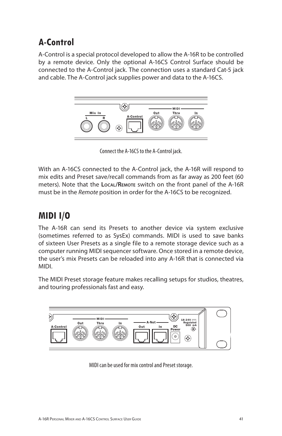 A-control, Midi i/o, A‑control midi i/o | Aa 6rr | Aviom A-16R/A-16CS User Manual | Page 50 / 98
